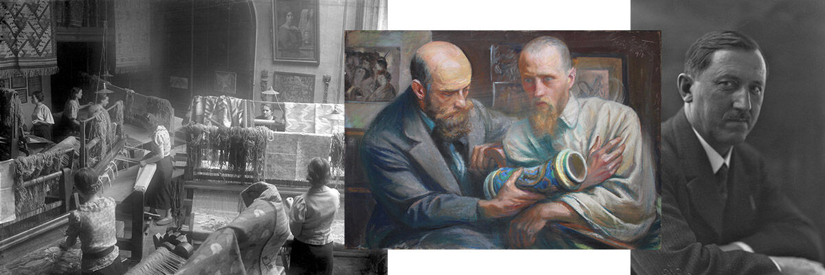 Fotografia dawnej pracowni klimów, fotograficzny portret Teodora Grotta oraz reprodukcja jego obrazu przedstawiająca dwóch mężczyzn   