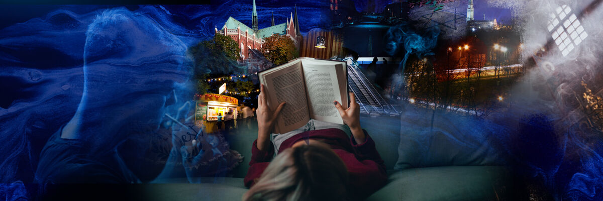 Kobieta czytająca książkę i zdjęcia Jasnej Góry, częstochowskiej katedry, Cmentarza Żydowskiego, Alei Frytkowej, Dworca PKP   