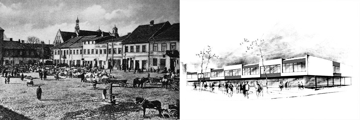 Dwa archiwalne zdjęcia. Na pierwszym Stary Rynek, a na drugim projekt domu handlowo-usługowego