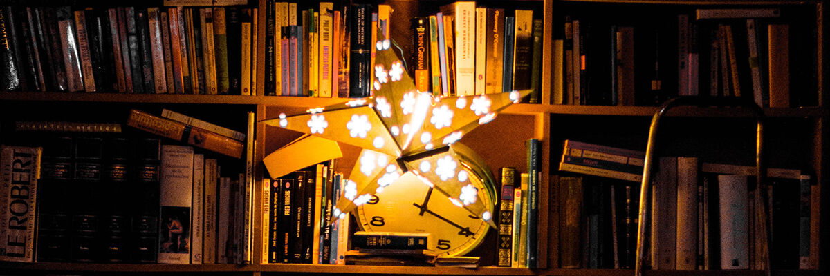 Regał z książkami i centralnie ustawiona lampa z kloszem w kształcie gwiazdy